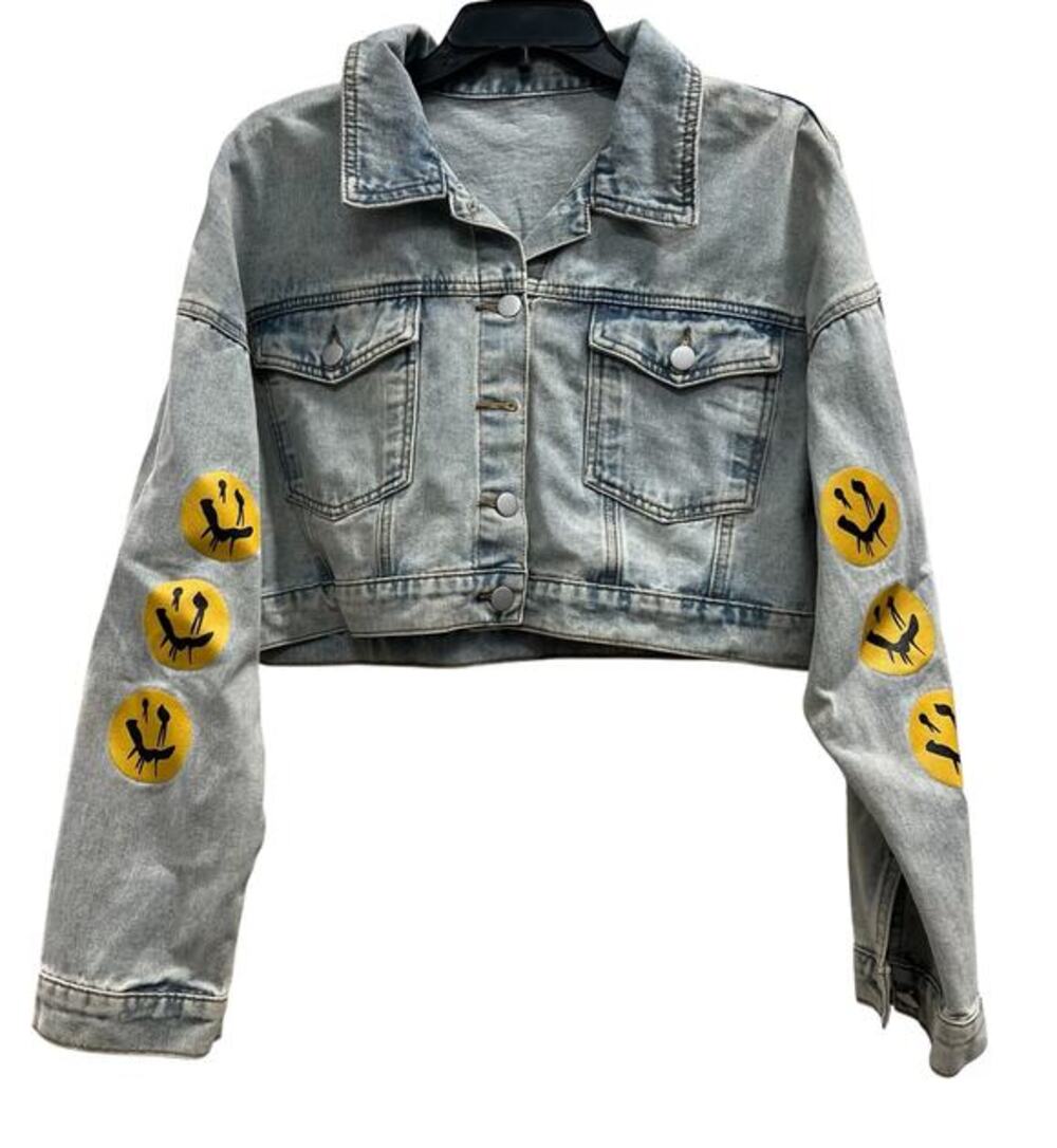 Unbranded Nirvana Style emoji grunge Streetwear skater cropped denim jacket sz L